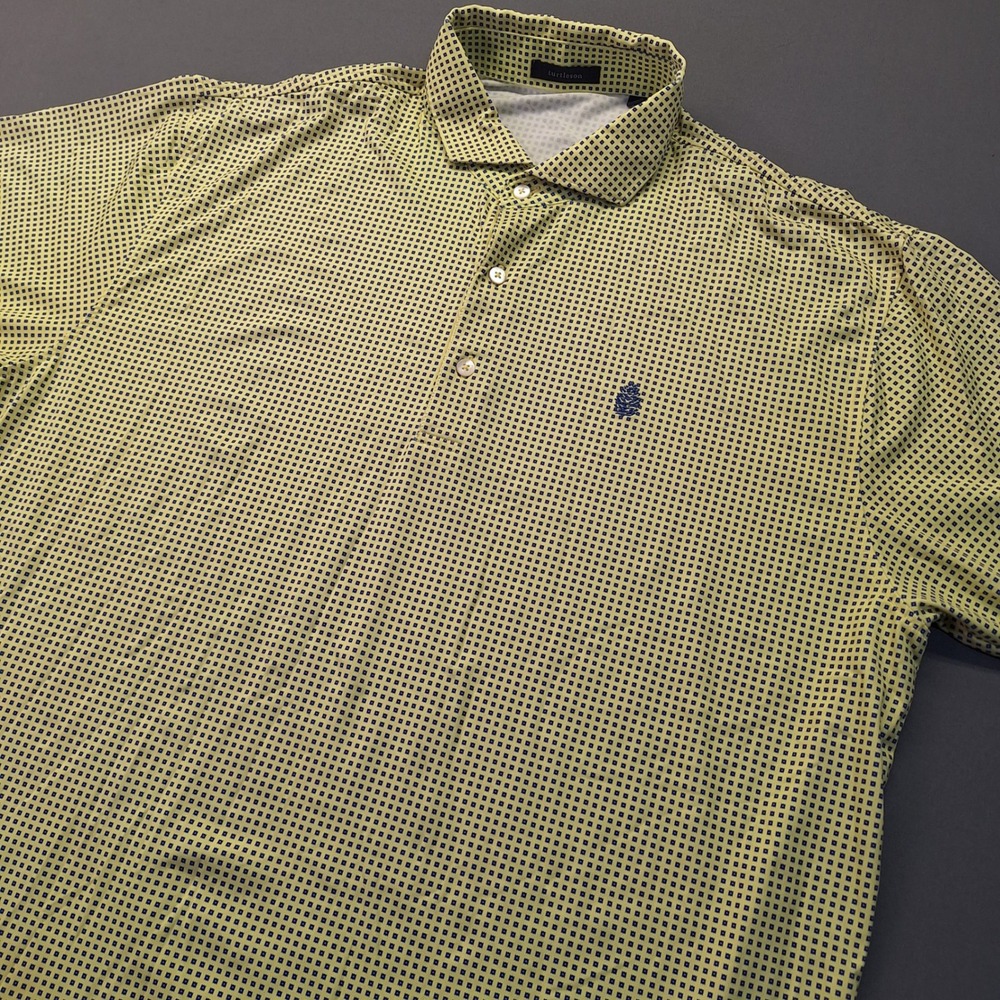 Turtleson Mens Performance Polo Shirt Yellow Blue Geometric Print Stretch Golf L